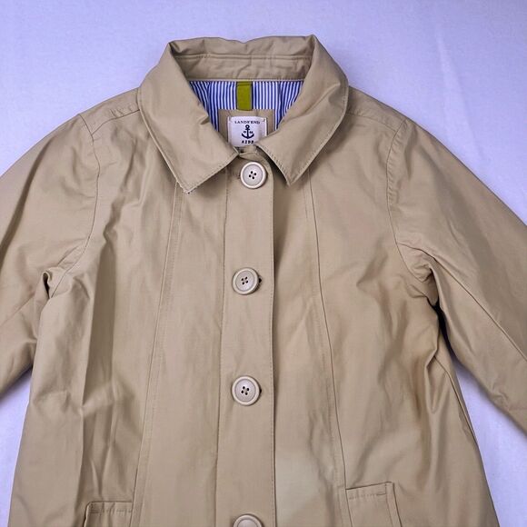 Lands' End Girl’s Khaki Trench Coat M 5-6 Single Breasted Inverted Pleat Lined - Picture 3 of 12